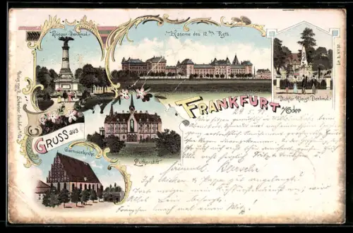 Lithographie Frankfurt / Oder, Kaserne des 12ten Rgts., Dichter Kleist Denkmal, Garnisonkirche