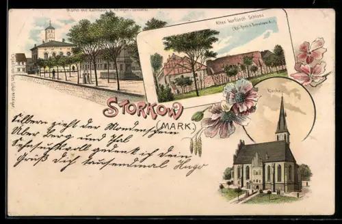 Lithographie Storkow /Mark, Altes kurfürstliches Schloss, Kirche, Markt mit Rathaus