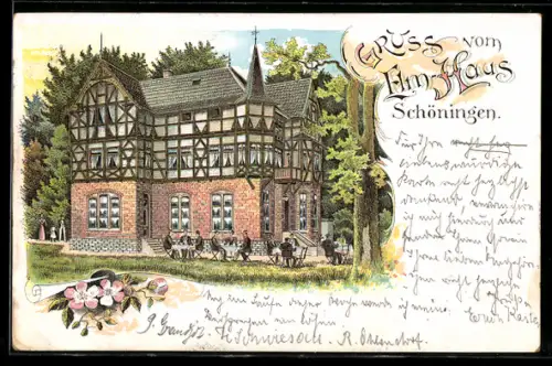 Lithographie Schöningen, Restaurant Elm-Haus mit Gartenlokal