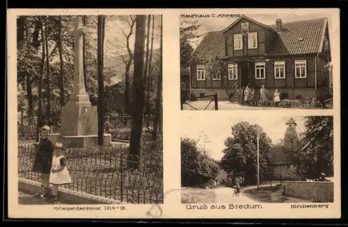 AK Stedum, Kaufhaus C. Ahrens, Kirchenberg und Kriegerdenkmal
