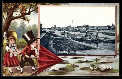 Grusskarten-AK Magdeburg, Blick von Werder, Passepartout mit Kindern am Teich, Frosch und Eichhörnchen