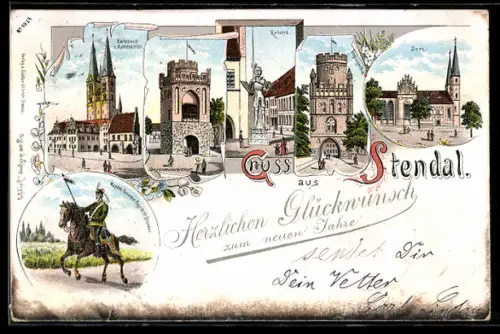 Lithographie Stendal, Roland, Dom, Rathaus & Marienkirche