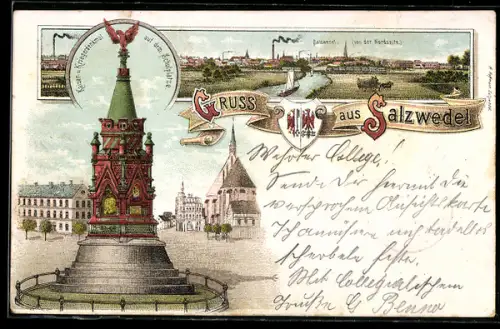 Lithographie Salzwedel, Kaiser- und Kriegerdenkmal auf dem Schulplatz