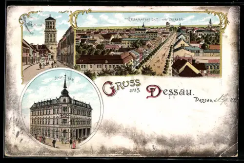 Lithographie Dessau, Stadt-Rom, Stiftsthurm, Gesamtansicht