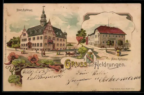 Lithographie Heldrungen, Neues und altes Rathaus