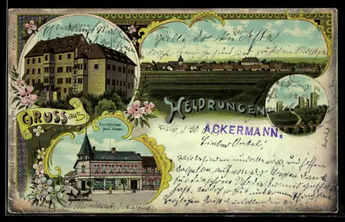 Lithographie Heldrungen, Schloss, Sachsenburg, Geschäftshaus Paul Sommer & Ortsansicht