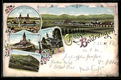 Lithographie Heldrungen, Totalansicht, Schloss, Kaiser-Wilhelm-Denkmal, Sachsenburg, St. Golgathe-Kapelle, Blumen