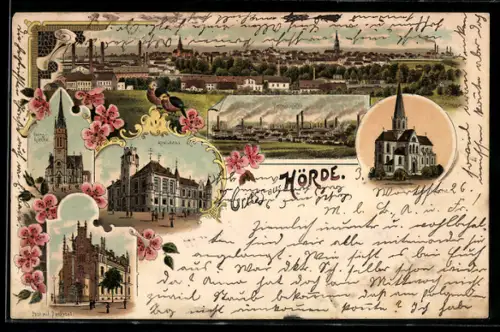 Lithographie Hörde, Kreishaus, Post mit Denkmal und Hermannshütte