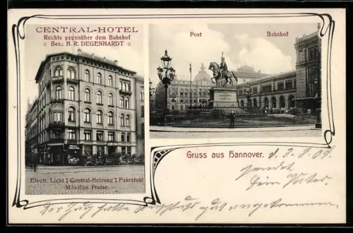 AK Hannover, Central-Hotel, Bes. H. R. Degenhardt, Post und Bahnhof