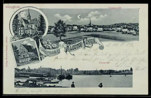 Mondschein-AK Lehnin, Kloster mit Kirche, See und Totalansicht