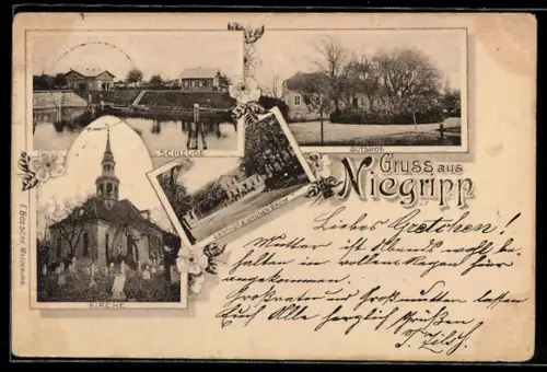 AK Niegripp, Gasthof zum grünen Baum, Gutshof, Schleuse, Kirche