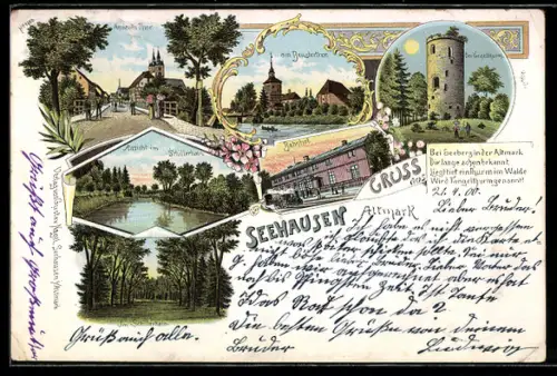 Lithographie Seehausen /Altmark, Bahnhof, Am neuen Tor, Am Beustertor, Ansicht im Schillerhain