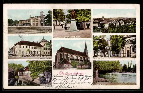AK Oschersleben, Bahnhof, Markt mit Rathaus, Partie an der Bode, Nicolaikirche