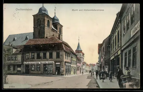 AK Oschersleben, Markt und Halberstädterstrasse mit Hotel und Glaswarenhandlung