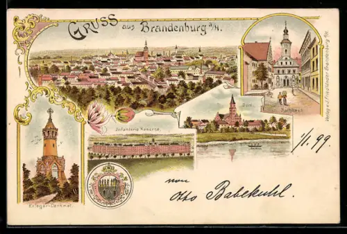 Lithographie Brandenburg, Infanterie-Kaserne, Kriegerdenkmal und Wappen