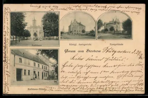 AK Storkow, Rathaus-Hotel, Königl. Amtsgericht und Postgebäude