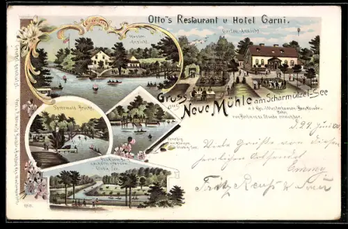 Lithographie Neue Mühle am Scharmützel-See, Otto`s Restaurant und Hotel Garni, Spreewald-Brücke