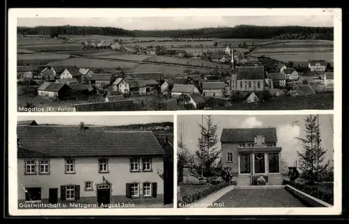 AK Magdlos /Fulda, Gasthaus-Metzgerei August Jahn, Kriegerdenkmal, Totalansicht