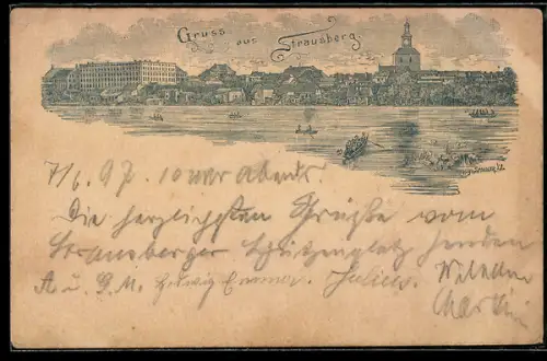 Lithographie Strausberg, Ortspanorama vom Wasser aus, mit modernem Gebäude, Ruderboote