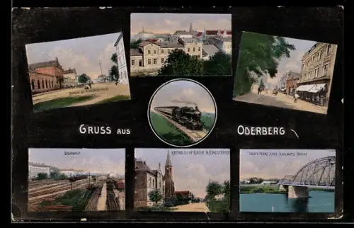 AK Oderberg, mehrere Ansichten mit Bahnhof, Ringstrasse, Nordbahnstrasse und Kaiser Franz Josef Brücke