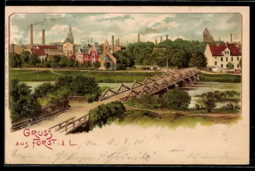 Lithographie Forst i. d. L., Brücke und Ortspanorama aus der Vogelschau, mit Fabrikschloten