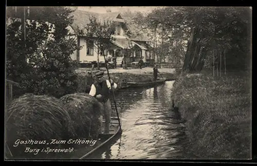 AK Burg /Spreewald, Gasthaus zum Erlkönig Schenker, mit Spreewaldkähnen