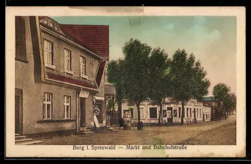 AK Burg, Markt und Bahnhofstrasse, Gasthaus zur Linde, Conditorei Cafe