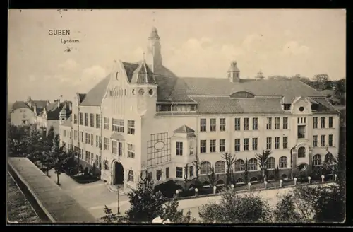 AK Guben, Lyceum und Strasse aus der Vogelschau