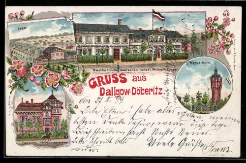 Lithographie Dallgow-Döberitz, Gasthof zum deutschen Kaiser, Lager, Garnison-Verwaltungsgebäude