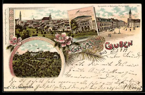 Lithographie Guben, Gasthaus Kaminsky Berg, Schützenhaus, Marktplatz mit Rathaus u. Postgebäude