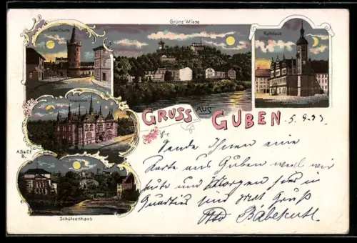 Mondschein-Lithographie Guben, Schützenhaus, Grüne Wiese, Kreishaus, Dicker Turm