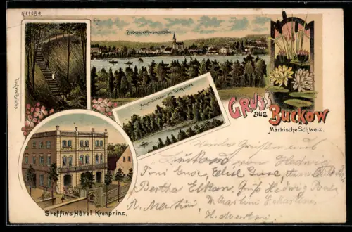 Lithographie Buckow /Märk. Schweiz, Steffins Hotel Kronprinz, Teufelsbrücke, Ortsansicht v. d. Ferdinandshöhe