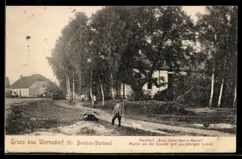 AK Wernsdorf /Beeskow-Storkow, Gasthof zum Oder-Spree-Kanal, Partie an der Kirche mit 400jähriger Linde