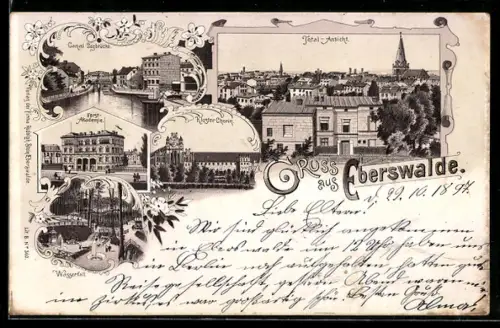 Lithographie Eberswalde, Kloster Chorin, Forst-Akademie, Wasserfall