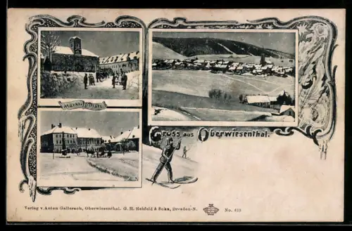 AK Oberwiesenthal, Marktplatz mit Hotel u. Obelisk im Winter, Gesamtansicht im Winter, Ornament-Rahmen