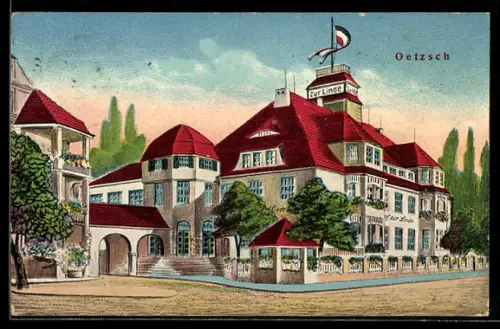 Künstler-AK Oetzsch /Leipzig, Gasthof zur Linde, Ansicht v. d. Strasse