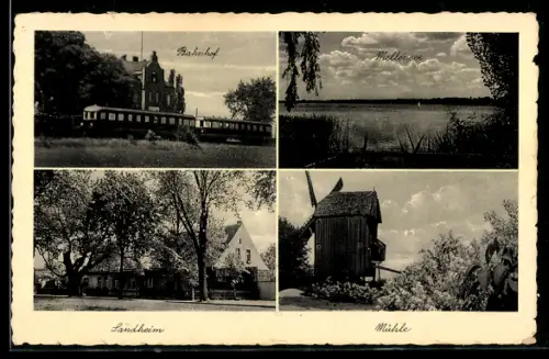 AK Mellensee, Windmühle, Bahnhof, Landheim, Partie am See