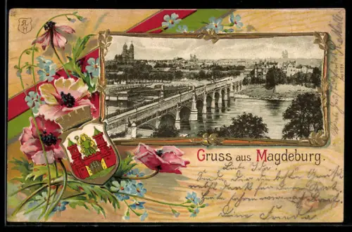 Passepartout-Lithographie Magdeburg, Ortsansicht mit dem Dom und der Elbe, Stadtwappen
