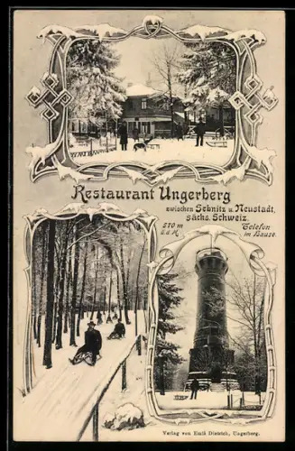 AK Sebnitz /Sächs. Schweiz, Neustadt, Restaurant Ungerberg im Winter, Turm, Rodelbahn