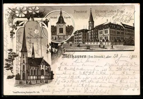 Lithographie Mülhausen, Pensionat Unserer Lieben Frau Neue kath. Kirche, Alte Dorf-Kapelle