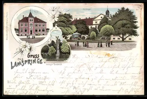 Lithographie Lamspringe, Klostergut, Post, Krieger-Denkmal