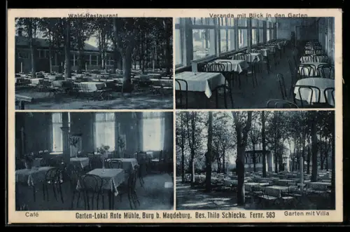 AK Burg b. Magdeburg, Garten-Lokal Rote Mühle, Innenansichten Cafe und Veranda mit Blick in den Garten