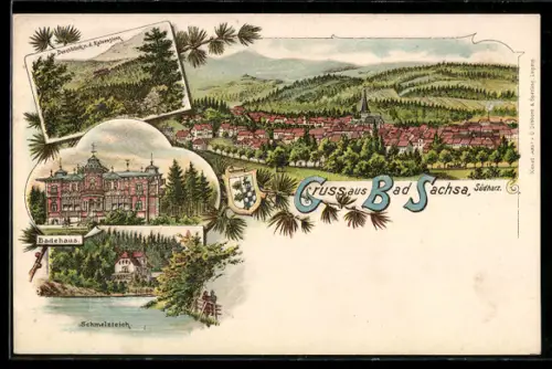 Lithographie Bad Sachsa, Schmelzteich, Badehaus, Panorama mit Kirchturm