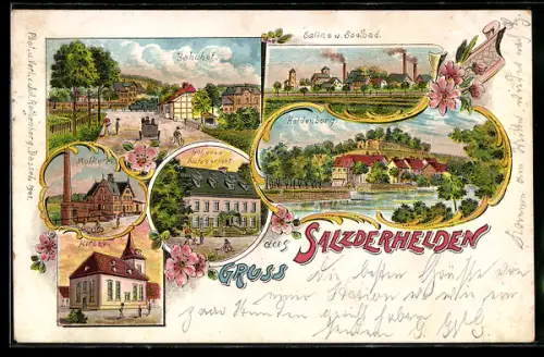 Lithographie Salzderhelden, Bahnhof mit Dampflok, Früheres Amtsgericht, Molkerei