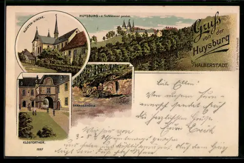 Lithographie Huysburg b. Halberstadt, Kloster-Kirche, Klostertor, Danneilshöhle