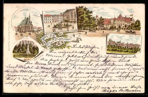 Lithographie Cöthen /Anhalt, Schloss, Reform-Kirche, Sieges-Denkmal