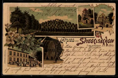 Lithographie Halberstadt, Gasthaus-Restaurant Spiegelsbergen, Grosses Fass, Schloss