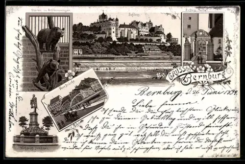 Lithographie Bernburg, Schloss, Schloss-Portal, Bären im Schlosszwinger