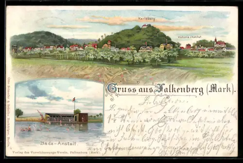 Lithographie Falkenberg, Bade-Anstalt, Karlsburg, Victoria-Institut