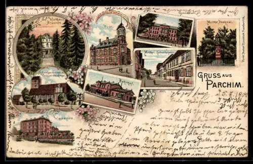 Lithographie Parchim, Bahnhof, St. Georgenkirche m. Kriegerdenkmal, Kaserne, Post